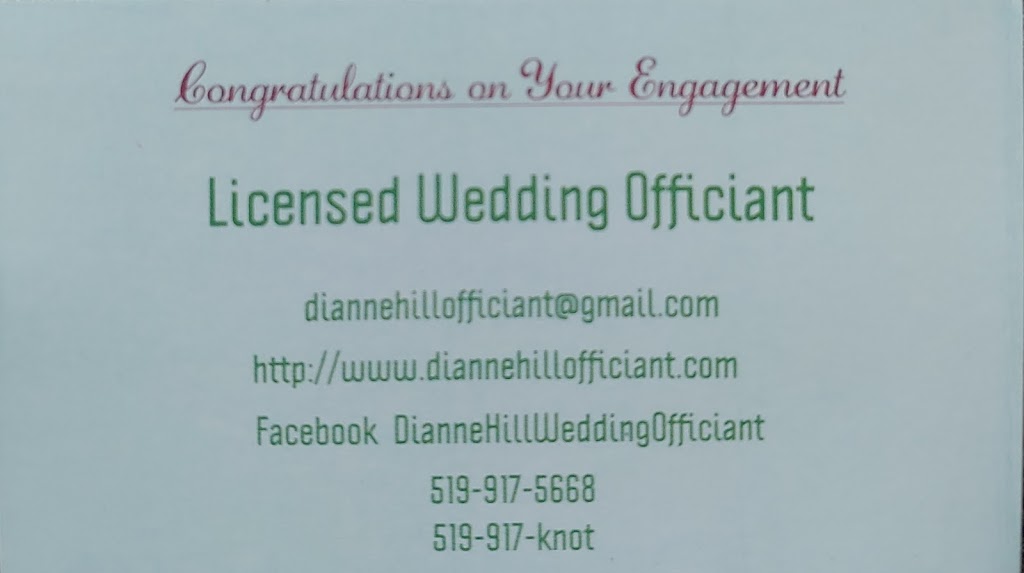 Dianne Hill Wedding Officiant | 228 Valley Rd, Chatham, ON N7L 5K9, Canada | Phone: (519) 917-5668