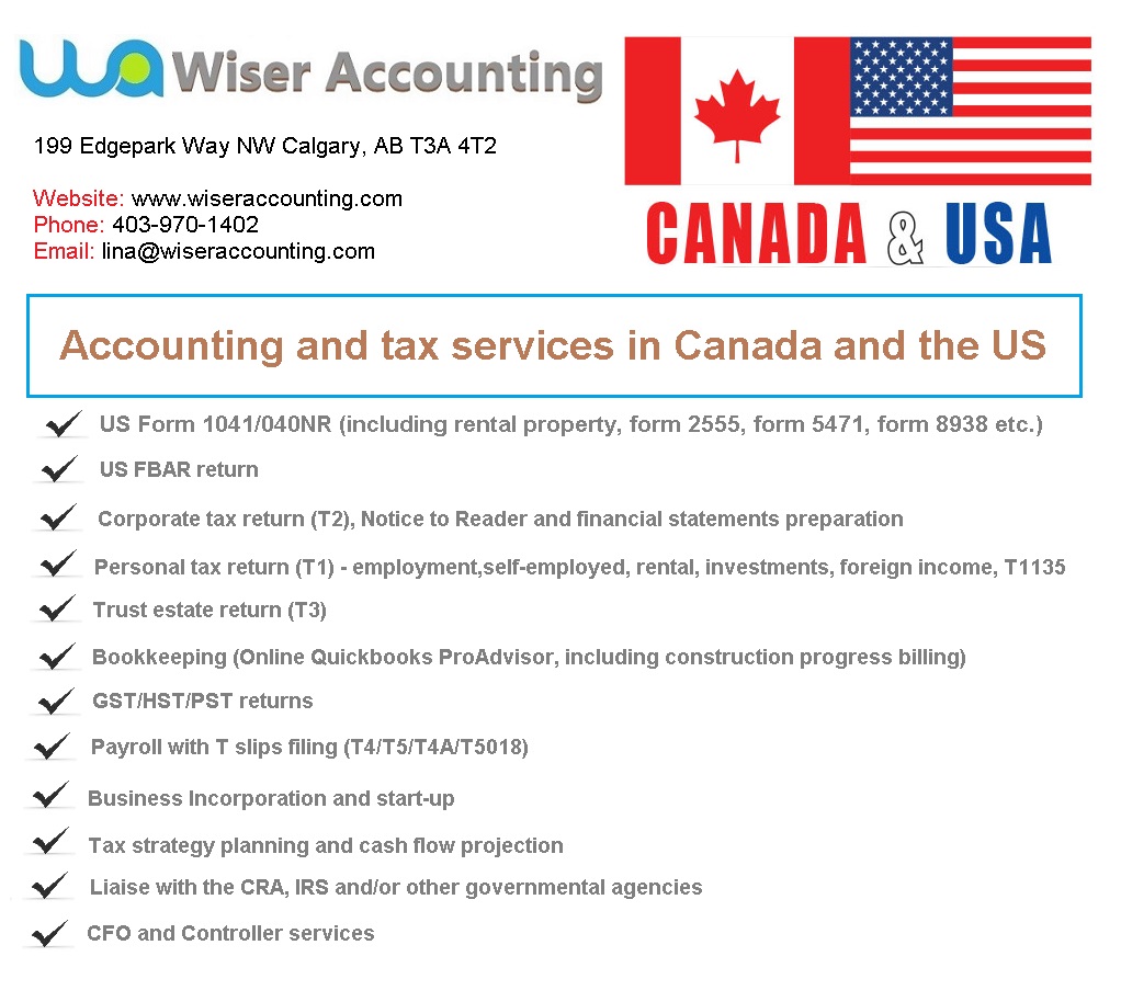 Wiser Accounting Inc.-U.S. and Canadian Tax Services | 199 Edgepark Way NW, Calgary, AB T3A 4T2, Canada | Phone: (403) 970-1402