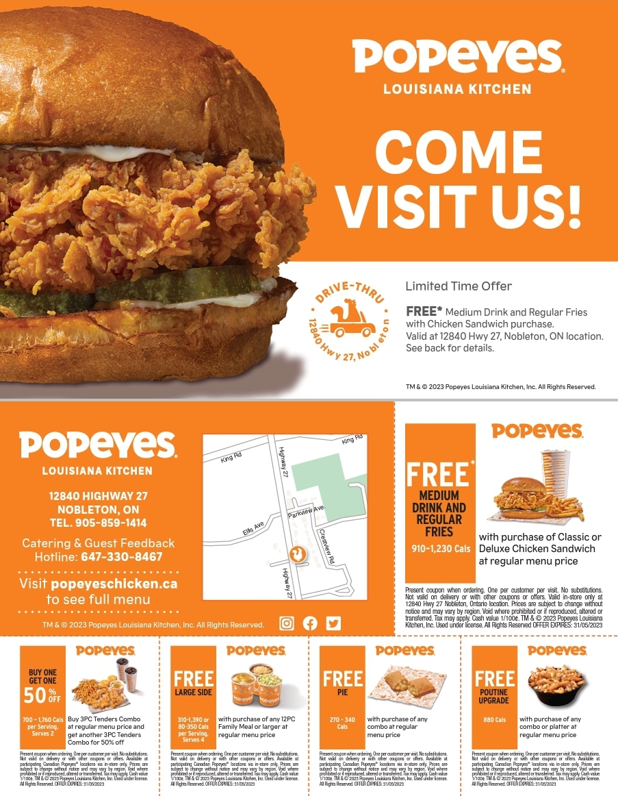 Popeyes Louisiana Chicken | 12840 ON-27, Nobleton, ON L0G 1N0, Canada | Phone: (905) 859-1414