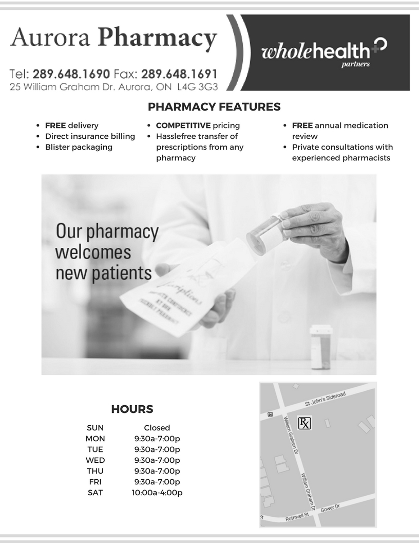 Aurora Drug Store | 25 William Graham Dr B1, Aurora, ON L4G 3G3, Canada | Phone: (289) 648-1690