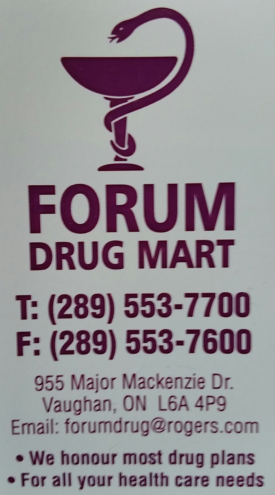 Forum Drug Mart | 955 Major MacKenzie Dr W, Maple, ON L6A 4P9, Canada | Phone: (289) 553-7700