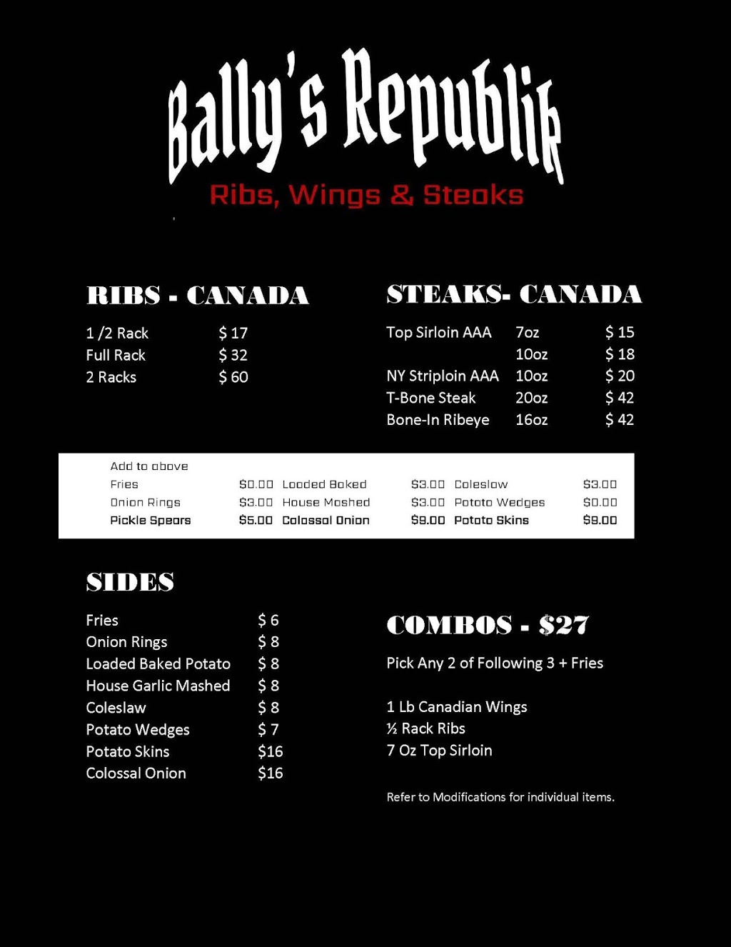 Ballys Ribs, Wings & Steak Republik | 1077 N Service Rd Unit 13, Mississauga, ON L4Y 1A6, Canada | Phone: (905) 275-7200