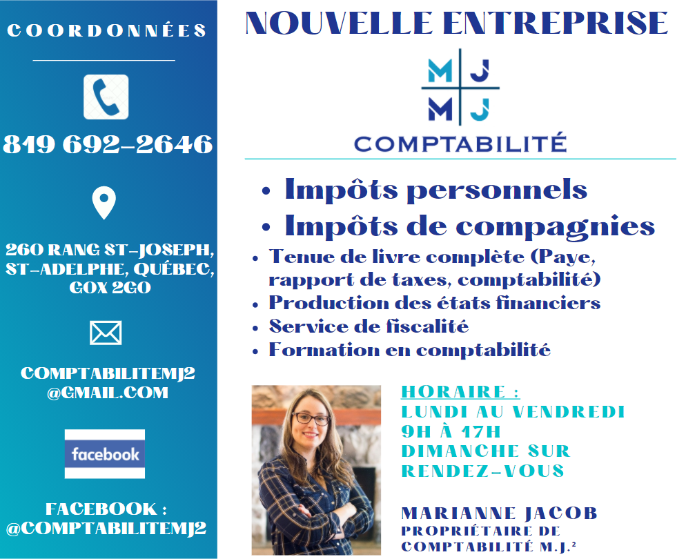 Comptabilité M.J.² | 260 Rang St Joseph, Saint-Adelphe, QC G0X 2G0, Canada | Phone: (819) 692-2646