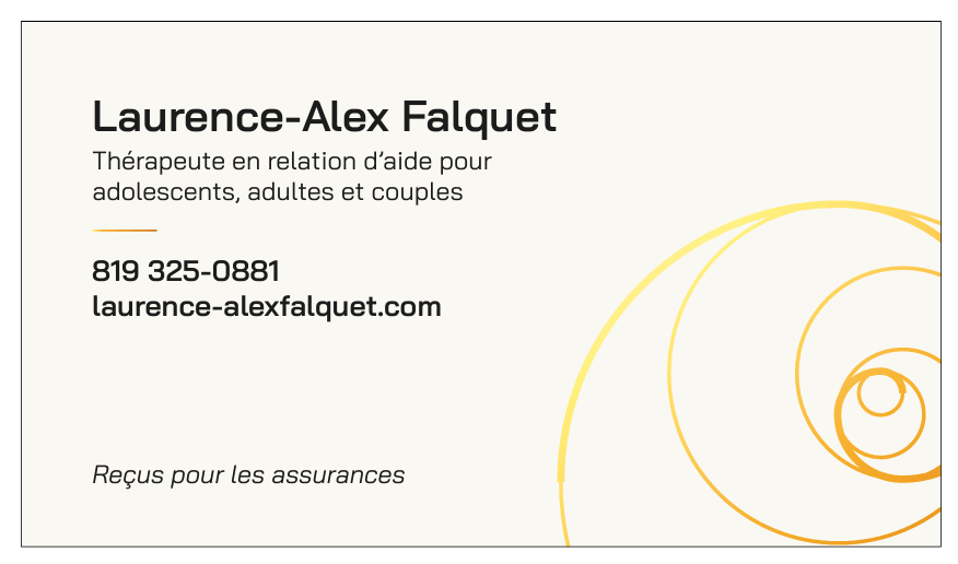 Laurence-Alex Falquet Thérapeute en relation daide | 114 Chem. Masson, Sainte-Marguerite-du-Lac-Masson, QC J0T 1L0, Canada | Phone: (819) 325-0881