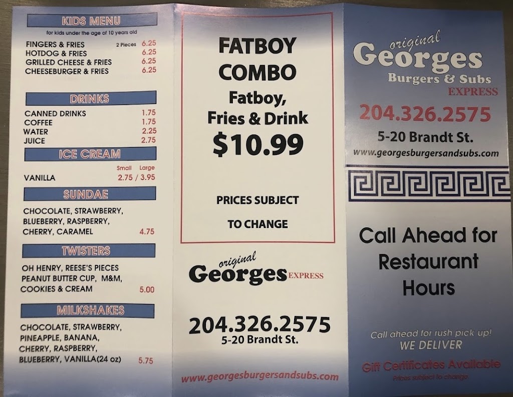 Georges Burgers & Subs | 20 Brandt St Unit 5, Steinbach, MB R5G 1Y2, Canada | Phone: (204) 326-2575