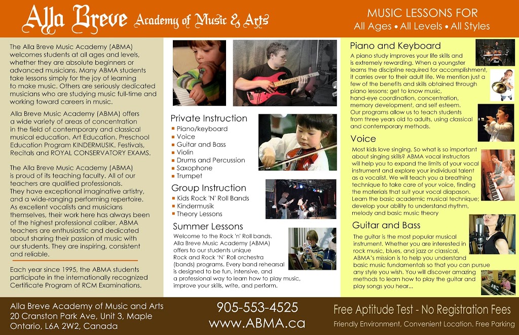 Alla Breve Academy of Music and Arts | 20 Cranston Park Ave Suite 3, Maple, ON L6A 2W2, Canada | Phone: (905) 553-4525