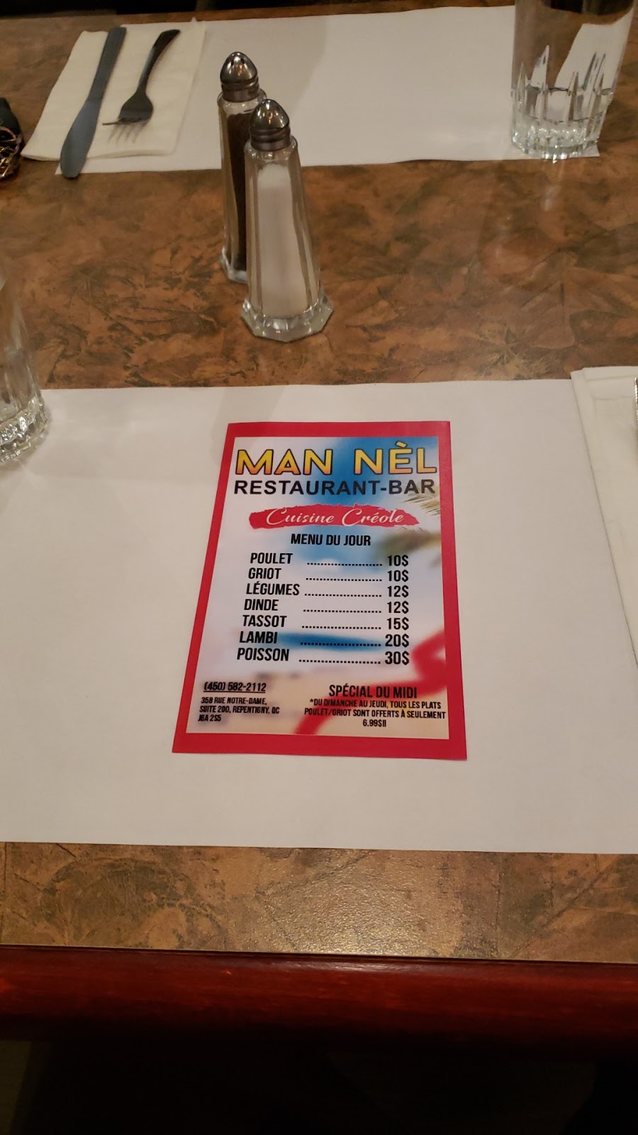 Man Nèl Restaurant-Bar | 358 Rue Notre-Dame, Repentigny, QC J6A 2S5, Canada | Phone: (450) 582-2112