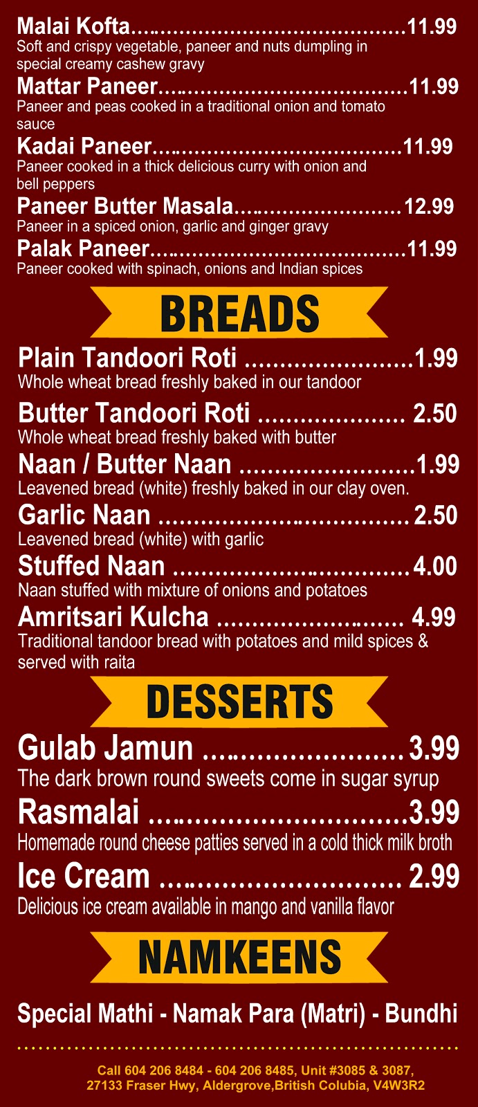 Taj Indian Cuisine & Sweets | 27133 Fraser Hwy Unit #3085, Aldergrove, BC V4W 3R2, Canada | Phone: (604) 206-8484