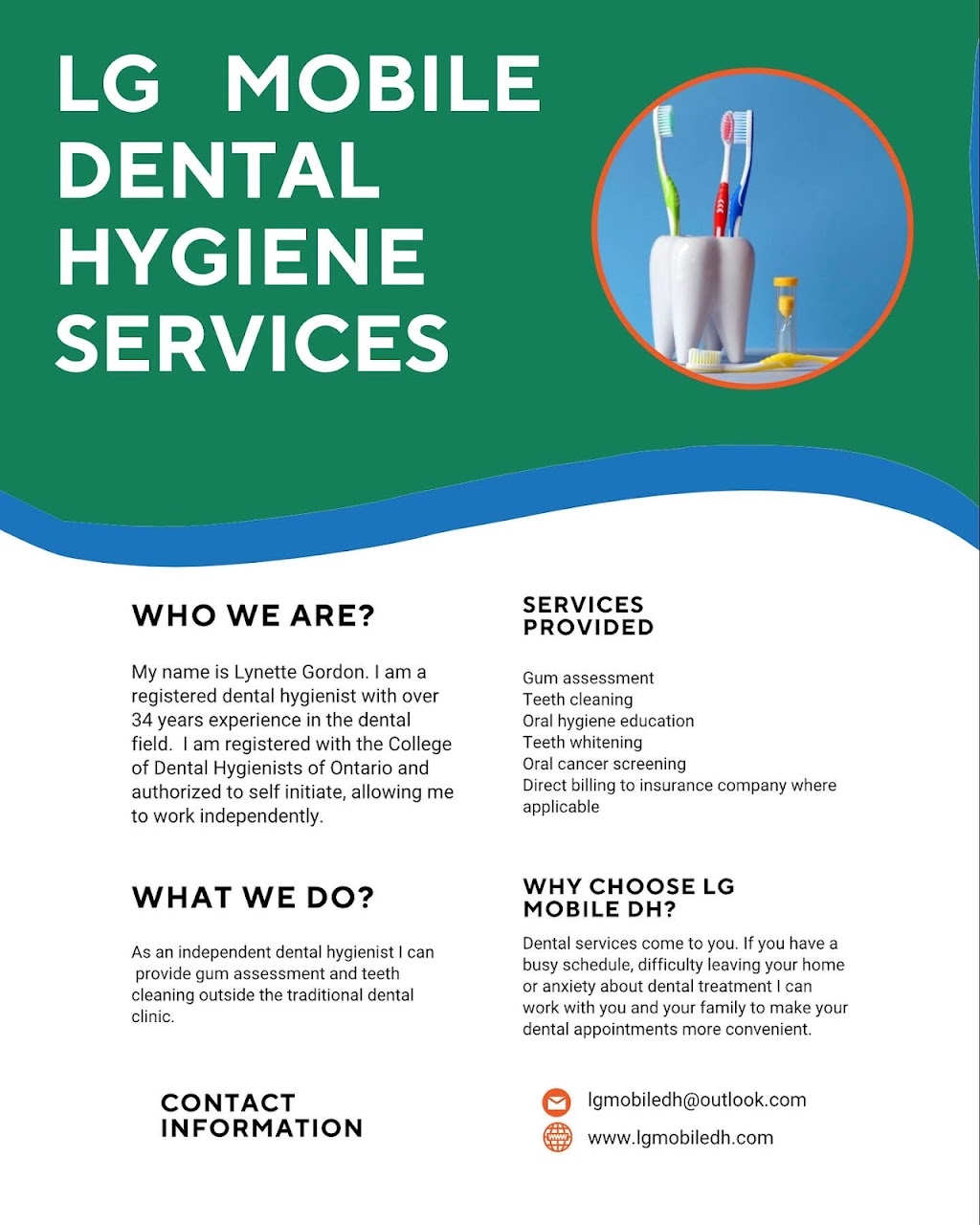 LG Mobile Dental Hygiene Services | 71 Bradshaw St, Bowmanville, ON L1C 2H4, Canada | Phone: (905) 441-0275