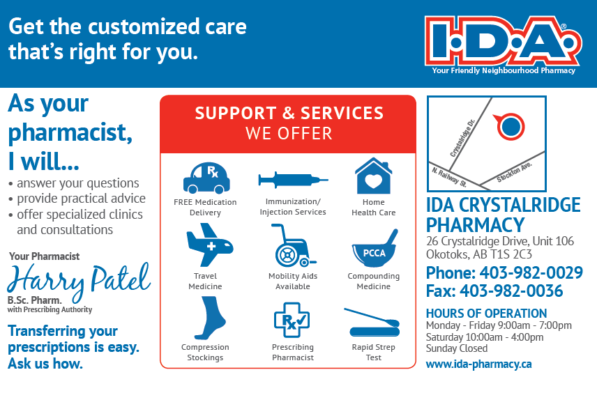 IDA Crystalridge PHARMACY | 26 Crystal Ridge Dr #106, Okotoks, AB T1S 2C3, Canada | Phone: (403) 982-0029