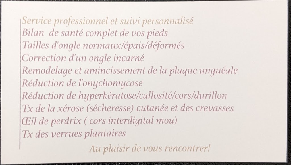 Soins podologiques Nadia Rodrigue Infirmière Clinicienne | 6750 Bd Guillaume-Couture, Lévis, QC G6V 9H4, Canada | Phone: (418) 520-7788