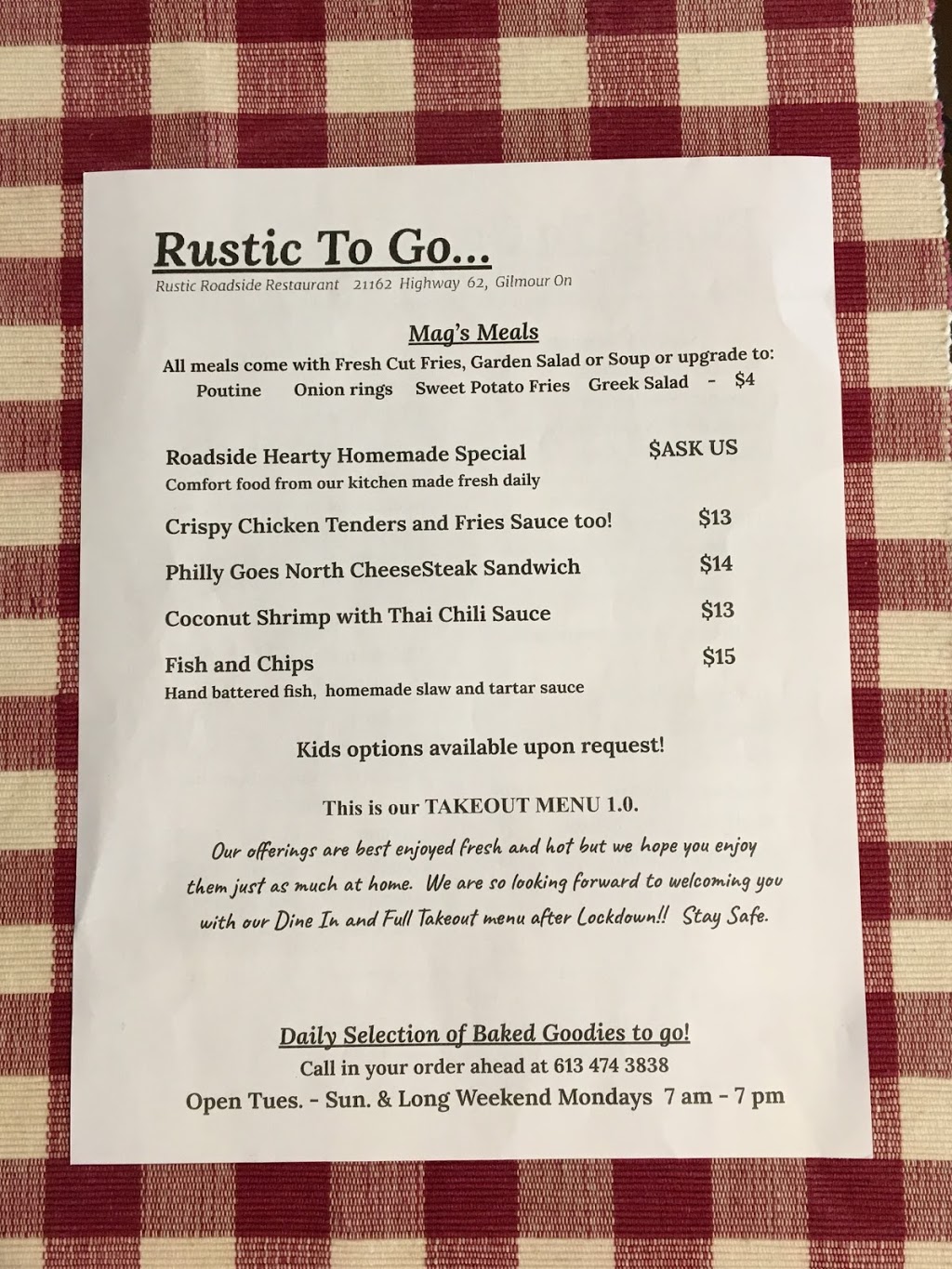 Rustic Roadside Restaurant | 21162 ON-62, Gilmour, ON K0L 1W0, Canada | Phone: (613) 474-3838