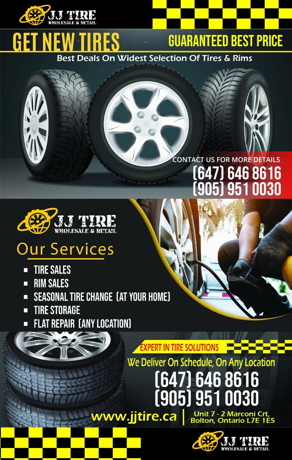 JJ Tire Wholesale & Retail Inc | 2 Marconi Ct Unit 7, Bolton, ON L7E 1E5, Canada | Phone: (905) 450-0839