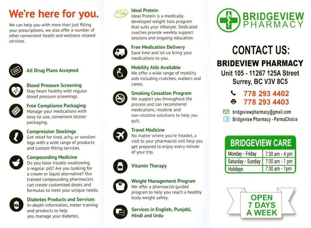 Bridgeview Pharmacy | 11267 125a St #105, Surrey, BC V3V 8C5, Canada | Phone: (778) 293-4402