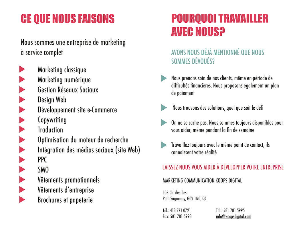 Communication Marketing Koops Digital | 103 Chem. des Îles, Petit-Saguenay, QC G0V 1N0, Canada | Phone: (418) 271-0721