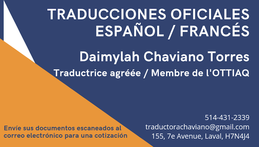 Traductora Daimylah Chaviano Torres | 155 7e Avenue, Laval, QC H7N 4J4, Canada | Phone: (514) 431-2339