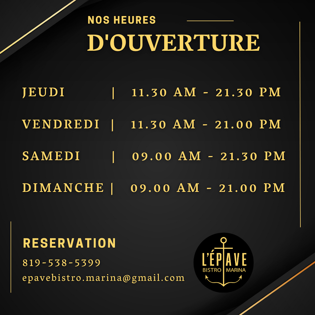 LÉpave Bistro.marina | 599 1re Av, Grandes-Piles, QC G0X 1H0, Canada | Phone: (819) 538-5399