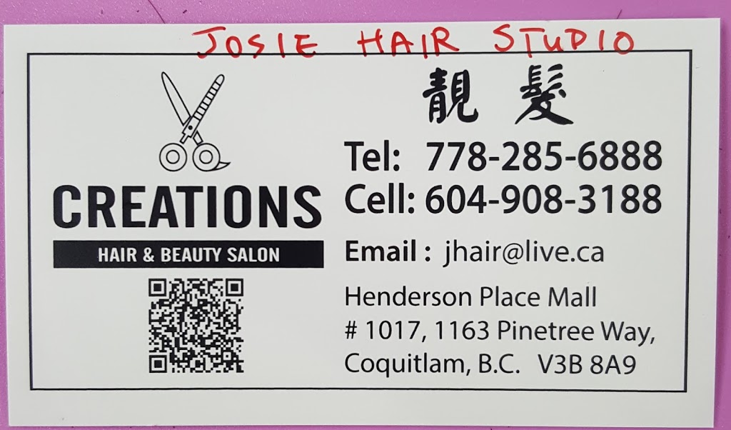 CREATIONS HAIR & BEAUTY SALON (JOSIES HAIR STUDIO) | Henderson Place Mall Unit #1017, 1163 Pinetree Way, Coquitlam, BC V3B 8A9, Canada | Phone: (778) 285-6888