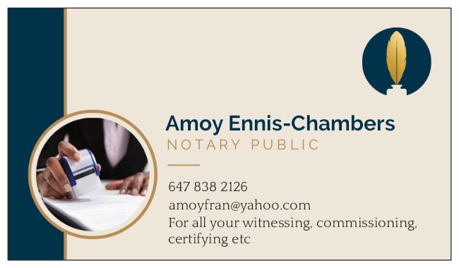 Amoy Ennis-Chambers Notary Public | 158 Willow Park Dr, Brampton, ON L6R 2N1, Canada | Phone: (647) 838-2126