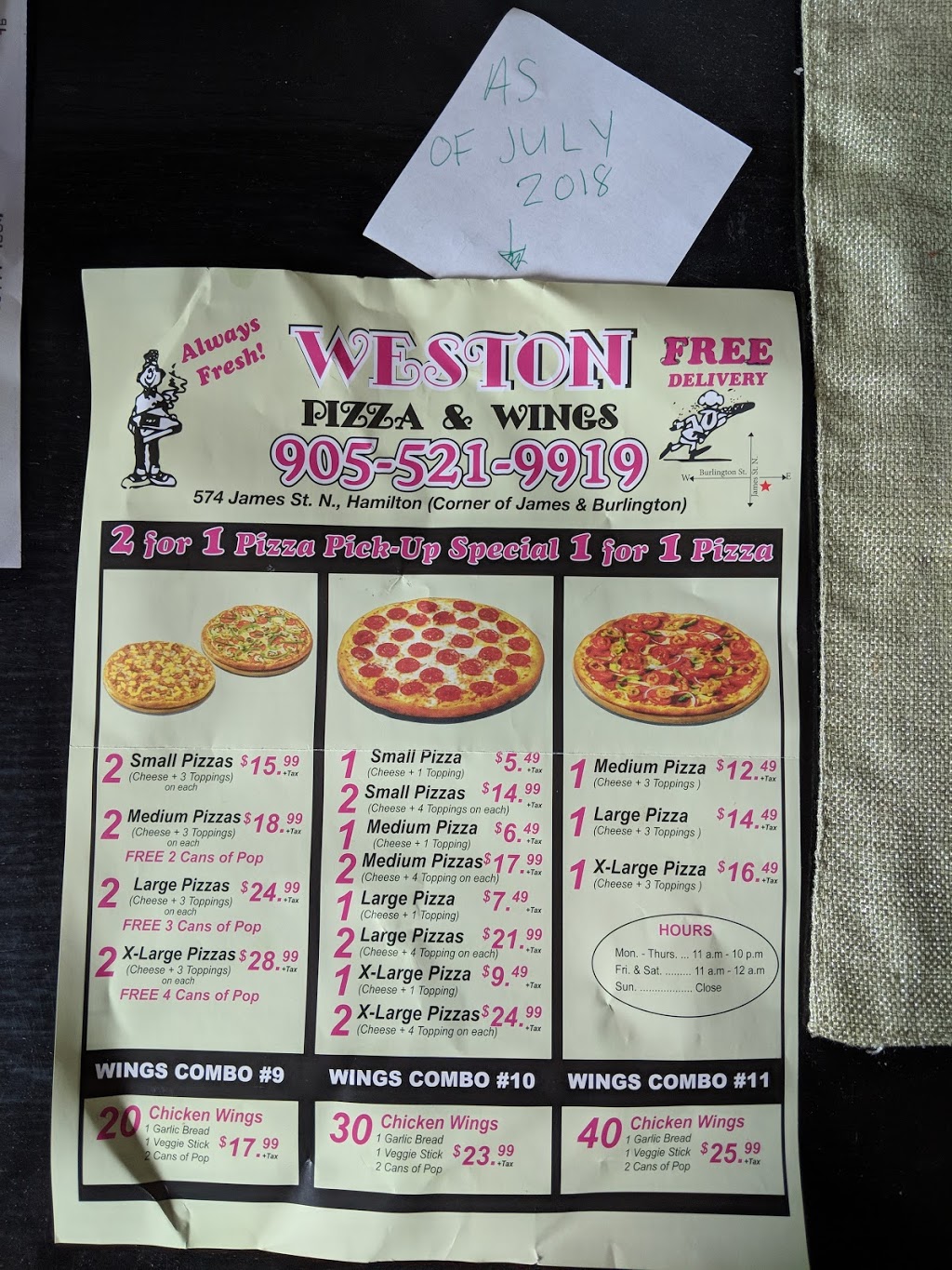 Weston Pizza And Wings | 574 James St N, Hamilton, ON L8L 1J7, Canada | Phone: (905) 521-9919