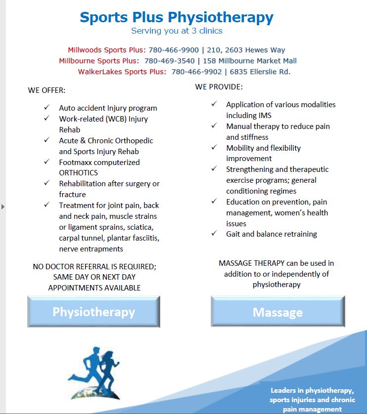 Walker Lakes Sports Plus Physiotherapy | 6835 Ellerslie Rd SW, Edmonton, AB T6X 1L1, Canada | Phone: (780) 466-9902