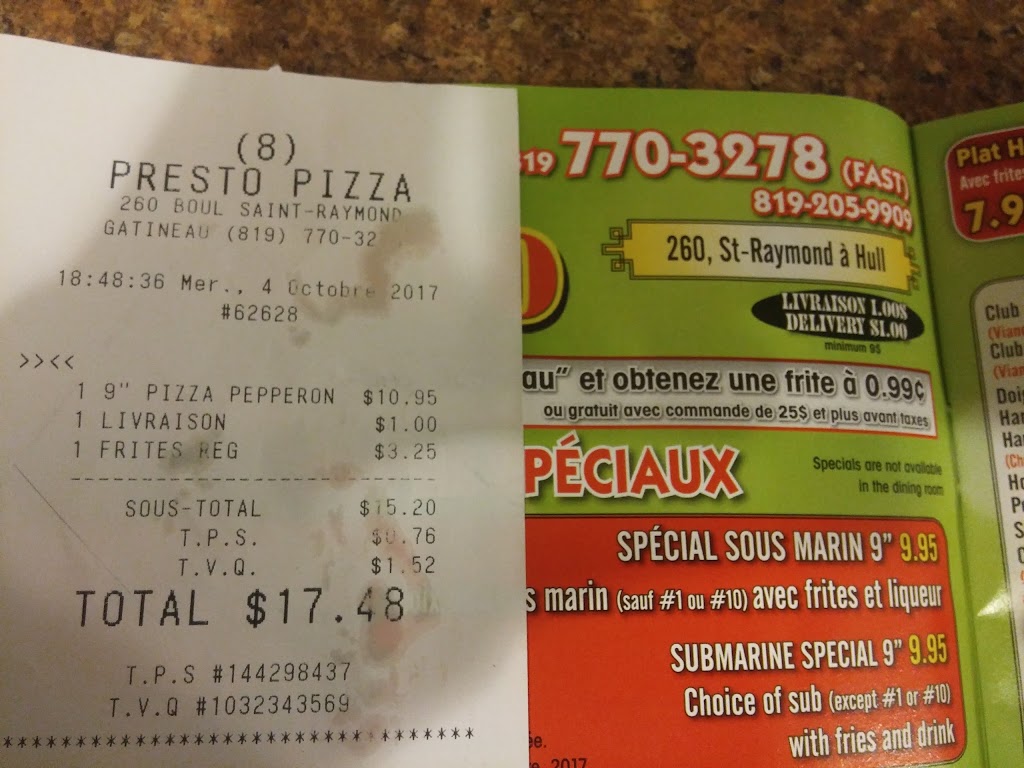 Presto Pizza | 260 Boulevard Saint-Raymond, Gatineau, QC J9A 3G7, Canada | Phone: (819) 770-3278