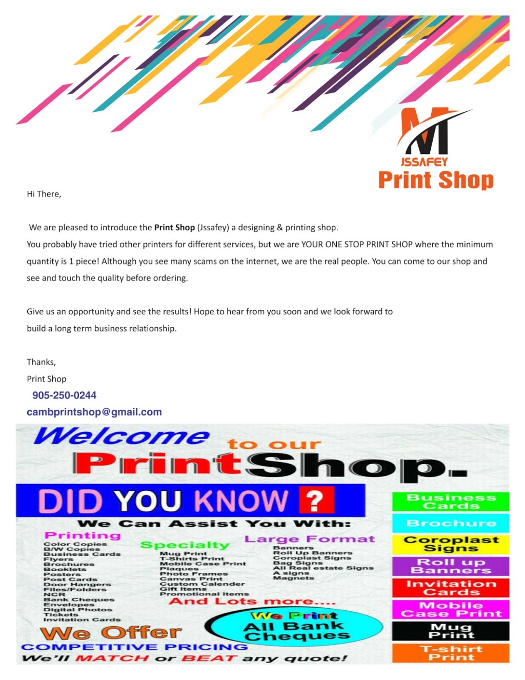 Jssafey Print Shop & Clothing | 181 Groh Ave Unit 105, Cambridge, ON N3C 1Y8, Canada | Phone: (905) 250-0244