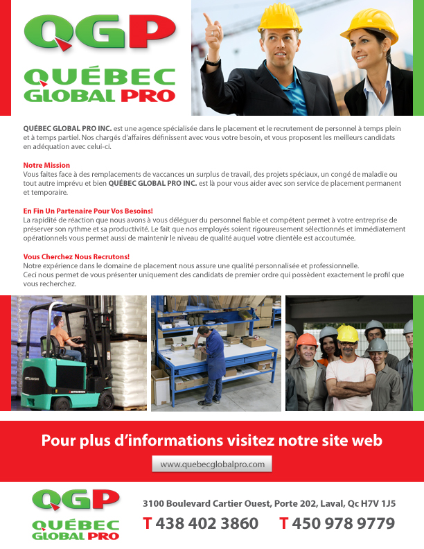 QUÉBEC GLOBAL PRO INC. | 3100 Bd Cartier O Porte 202, Laval, QC H7V 1J5, Canada | Phone: (438) 402-3860