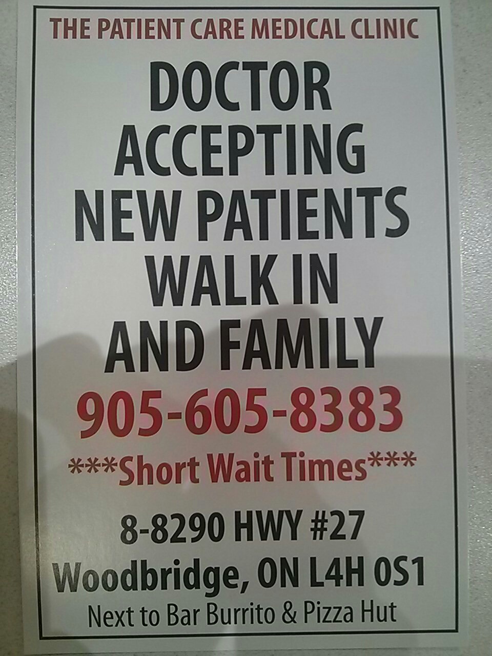 The Patient Care Walk-In & Medical Clinic | 8-8290 Hwy #27, Woodbridge, ON L4H 0S1, Canada | Phone: (905) 605-8383