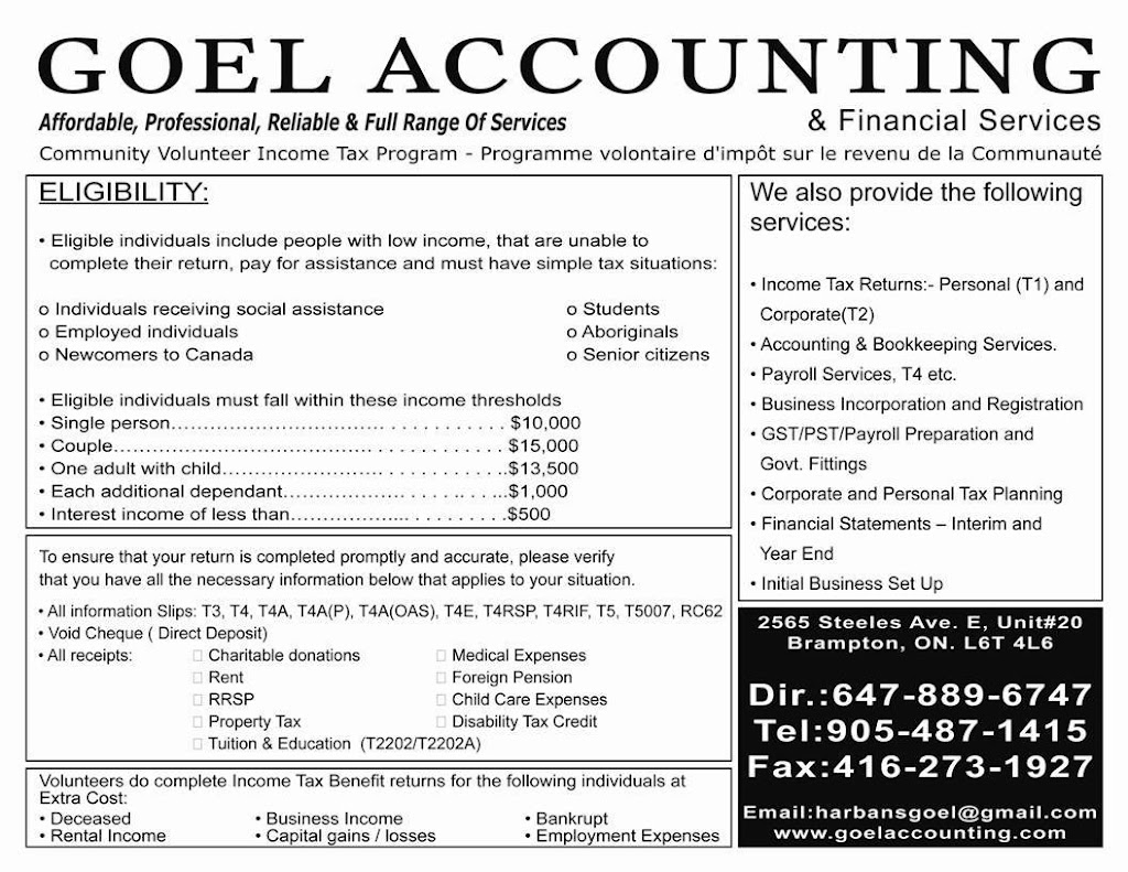 Goel Accounting & Financial Services | 7955 Torbram Rd Unit # 23, Brampton, ON L6T 5A2, Canada | Phone: (647) 889-6747