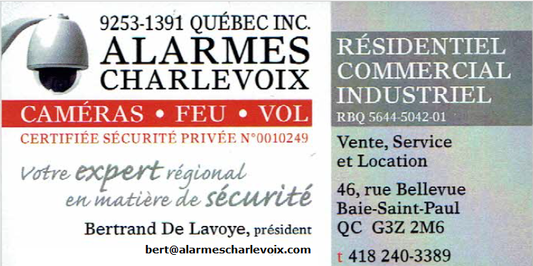 Alarme Charlevoix Inc | 46 Rue Bellevue, Baie-Saint-Paul, QC G3Z 2M6, Canada | Phone: (418) 240-3389