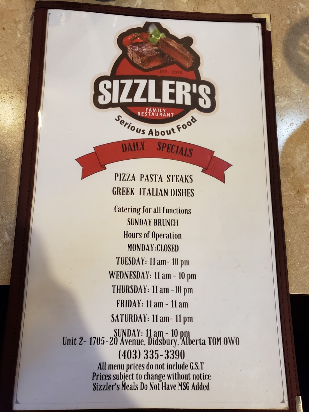 Sizzlers Family Restaurant | 1705 20 Ave Unit 2, Didsbury, AB T0M 0W0, Canada | Phone: (403) 335-3390