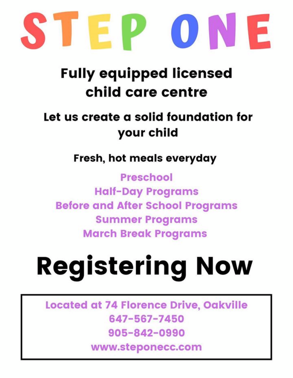 Step One Child Care | 74 Florence Dr, Oakville, ON L6K 1V6, Canada | Phone: (647) 567-7450