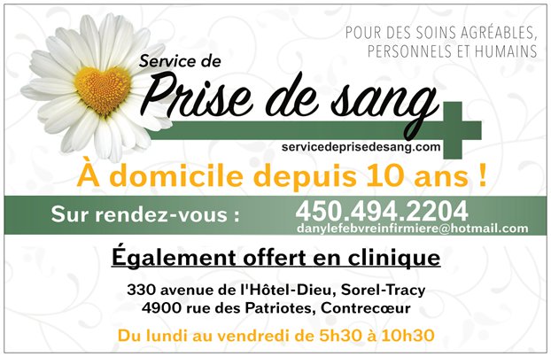 Service de prise de sang inc. | 4900 Rue des Patriotes, Contrecoeur, QC J0L 1C0, Canada | Phone: (450) 494-2204