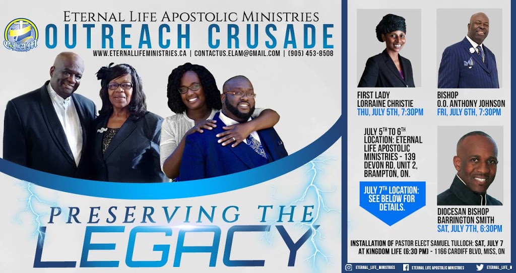 Eternal Life Apostolic Ministries | 139 Devon Rd #2, Brampton, ON L6T 5L8, Canada | Phone: (905) 453-8508