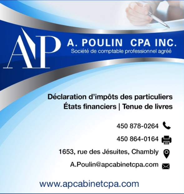 A. Poulin CPA inc. | Comptable Professionnel Agréé | 2072 Rue Josephte-Chatelain, Chambly, QC J3L 0B8, Canada | Phone: (450) 878-0264