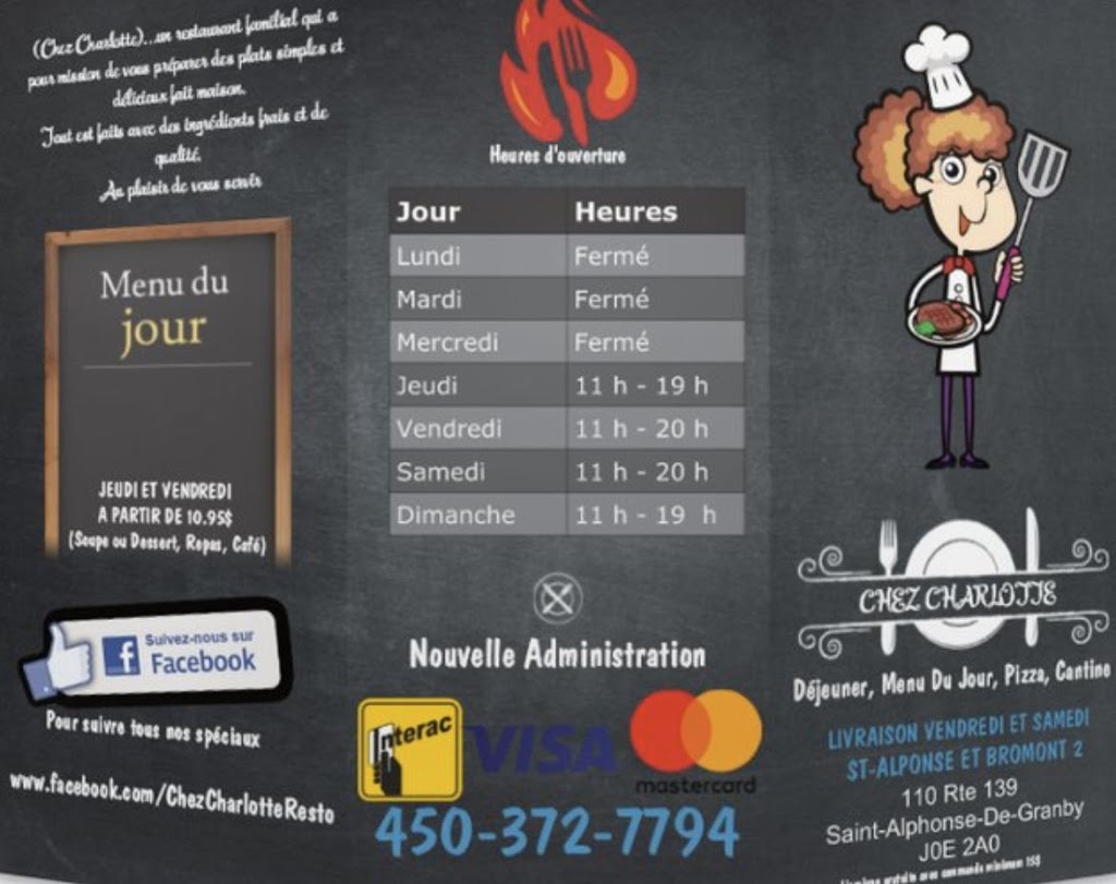 Restaurant Chez Charlotte | 110 QC-139, Saint-Alphonse-de-Granby, QC J0E 2A0, Canada | Phone: (450) 372-7794