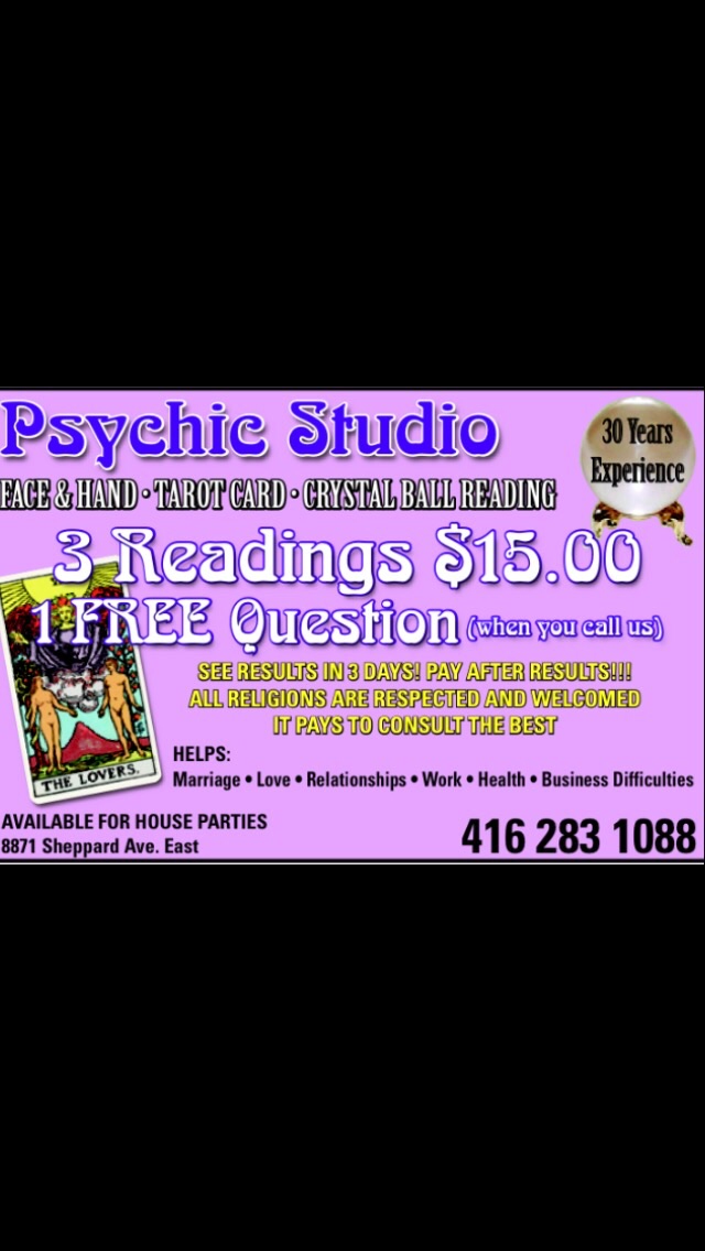 Psychic Sabrinas studio | 8871 Sheppard Ave E, Scarborough, ON M1B 5R7, Canada | Phone: (416) 283-1088