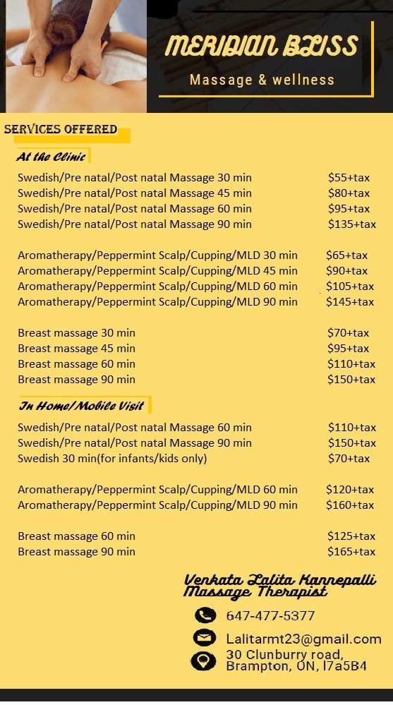 Meridian Bliss massage therapy and wellness | 30 Clunburry Rd, Brampton, ON L7A 5B4, Canada | Phone: (647) 477-5377