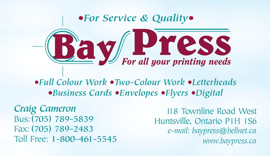 Bay Press | 118 Town Line Rd W, Huntsville, ON P1H 1S6, Canada | Phone: (705) 789-5839