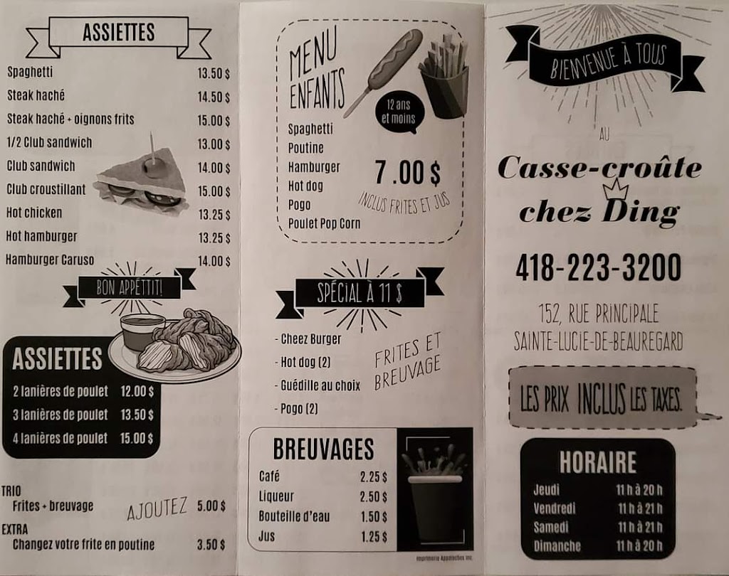 Casse Croûte Chez Ding | 152 Rue Principale, Sainte-Lucie-de-Beauregard, QC G0R 3L0, Canada | Phone: (418) 223-3200