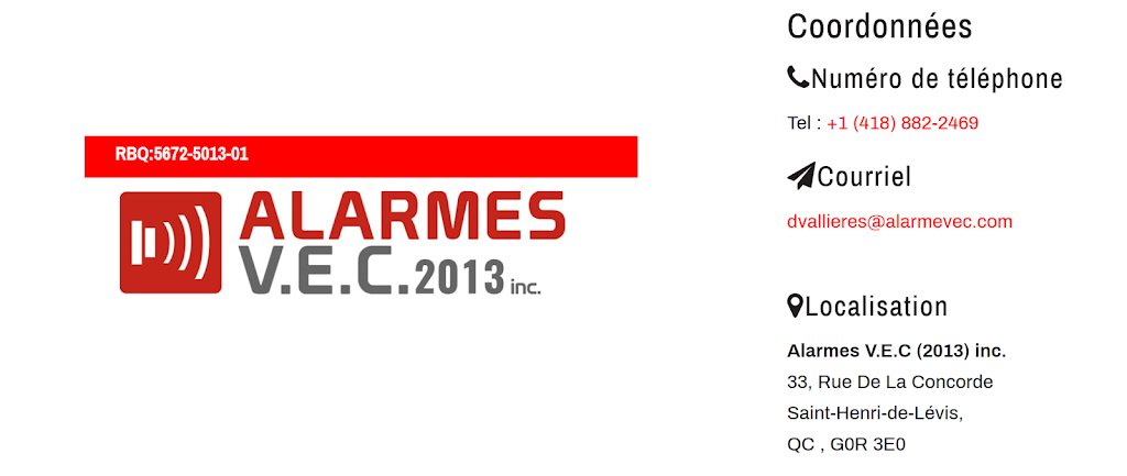 Alarme VEC Inc | 33 Rue de la Concorde, Saint-Henri, QC G0R 3E0, Canada | Phone: (418) 882-2469