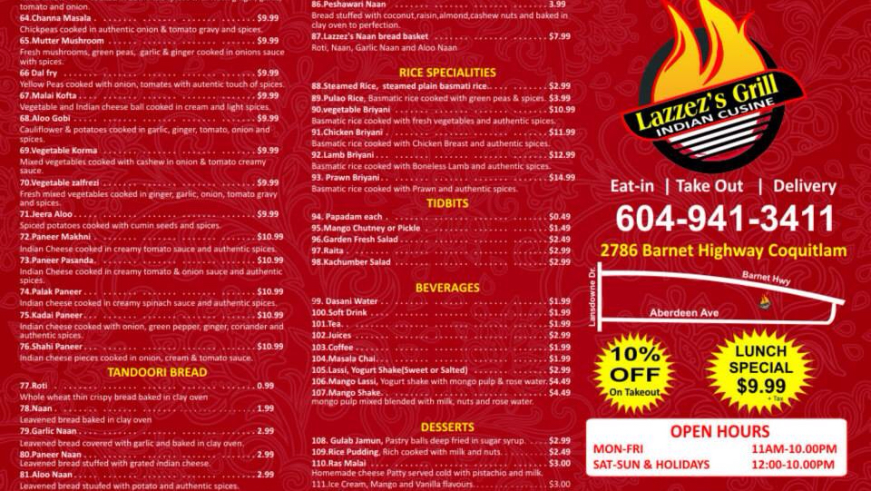 Lazzezs Grill Indian Cuisine | 2786 Barnet Hwy, Coquitlam, BC V3B 1B9, Canada | Phone: (604) 941-3411