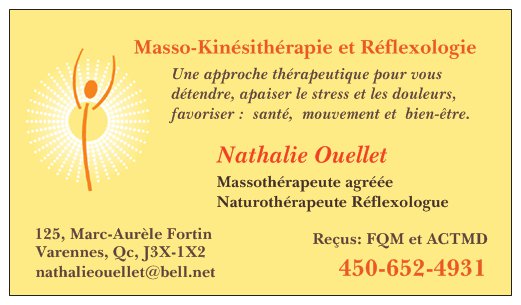 Masso-Kinésithérapie et Réflexologie Nathalie Ouellet | 125 Rue Marc-Aurèle-Fortin, Varennes, QC J3X 1X2, Canada | Phone: (450) 652-4931