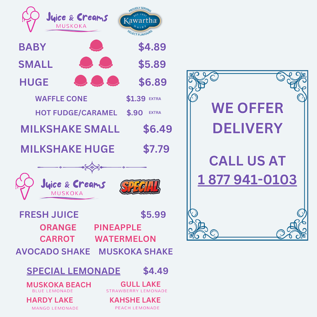 Juice & Creams | 1295 Muskoka Rd S Unit 3, Gravenhurst, ON P1P 1K9, Canada | Phone: (705) 667-1000