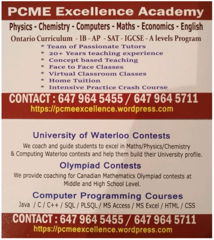 PCME Excellence - Physics Chemistry Math Economics Tutor | Burdock Pl #3363, Mississauga, ON L5A 4B7, Canada | Phone: (647) 964-5711