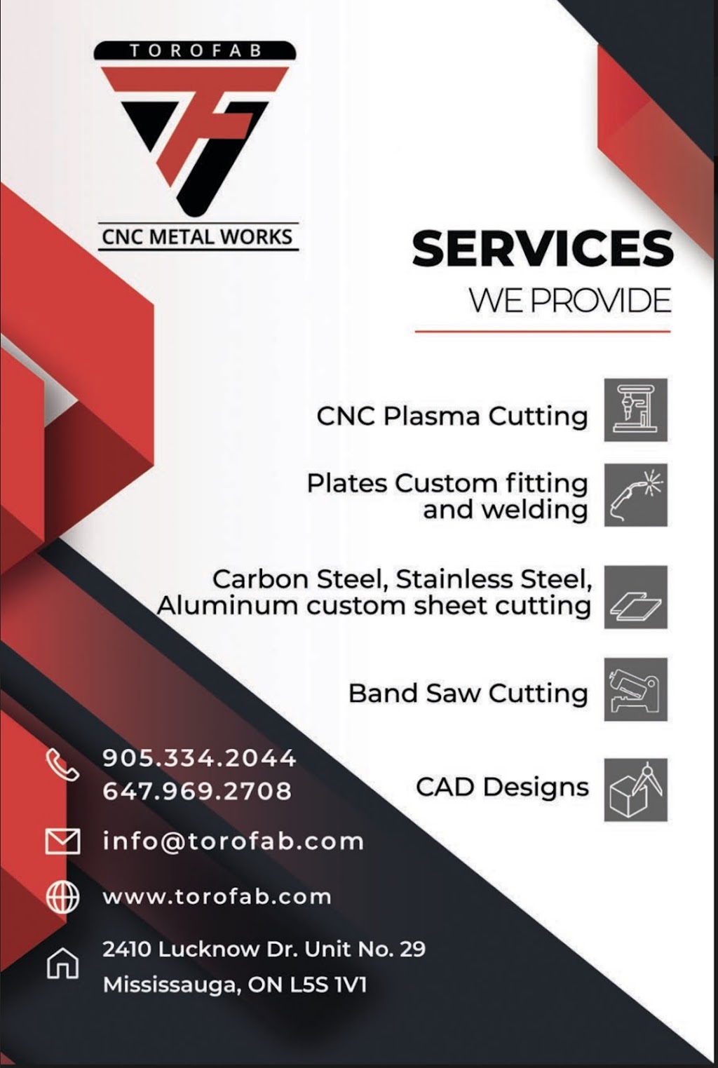 TOROFAB Inc. | 2410 Lucknow Dr Unit # 29, Mississauga, ON L5S 1V1, Canada | Phone: (905) 334-2044