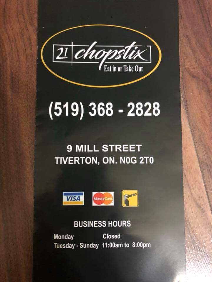 21 Chopstix | 9 Mill St, Tiverton, ON N0G 2T0, Canada | Phone: (519) 368-2828