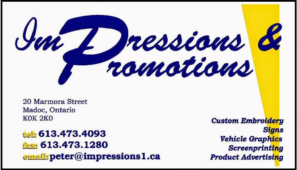 Impressions Promotions & Graphics | 20 Marmora St, Madoc, ON K0K 2K0, Canada | Phone: (613) 473-4093