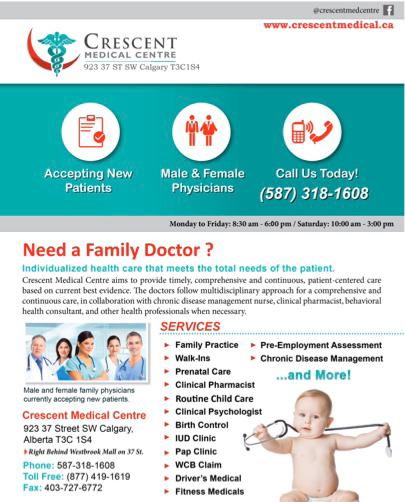 Crescent Medical Centre | 923 37 St SW, Calgary, AB T3C 1S4, Canada | Phone: (587) 318-1608